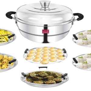 Amanda Stainless Steel Idli Maker / Momo Steamer / Dhokla Maker | 6 Plates | 2 Idli, 2 Dhokla, 1 Mini Idli & 1 Steamer Plate | 25 cm Multi Kadai | Triply Thick Bottom | Induction & Gas Compatible