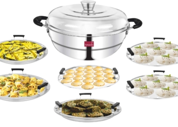 Amanda Stainless Steel Idli Maker / Momo Steamer / Dhokla Maker | 6 Plates | 2 Idli, 2 Dhokla, 1 Mini Idli & 1 Steamer Plate | 25 cm Multi Kadai | Triply Thick Bottom | Induction & Gas Compatible