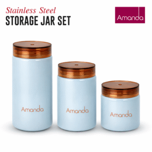 Amanda Stainless Steel Storage Canister Jar Set | 3 Pc Kitchen Storage Containers | Airtight Transparent Lids | For Tea, Sugar, Spices, Grains & Dry Fruits