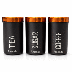 Amanda Tea Sugar Coffee Container Set of 3 | Stainless Steel Kitchen Storage Canisters | Matte Black with Copper Finish Lids | Airtight Tea, Sugar & Coffee Jars