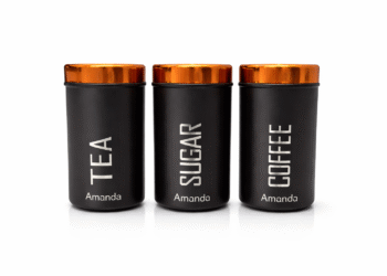 Amanda Tea Sugar Coffee Container Set of 3 | Stainless Steel Kitchen Storage Canisters | Matte Black with Copper Finish Lids | Airtight Tea, Sugar & Coffee Jars