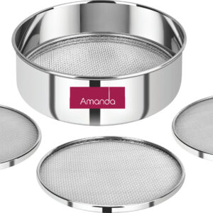 Amanda Stainless Steel 4 in 1 Interchangeable Chalni | 304 Food Grade Stainless Steel | Atta, Wheat, Rice & Maida Sieve | 21 cm (9 Inch)